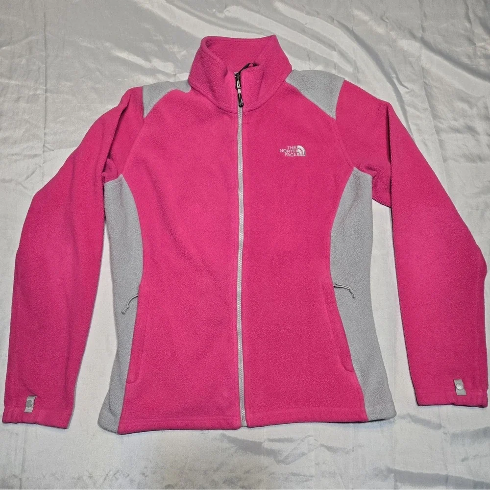 The North Face Womens Large Pink/Grey Fleece Full Zip Jacket Outdoor Cozy Logo - Picture 1 of 9
